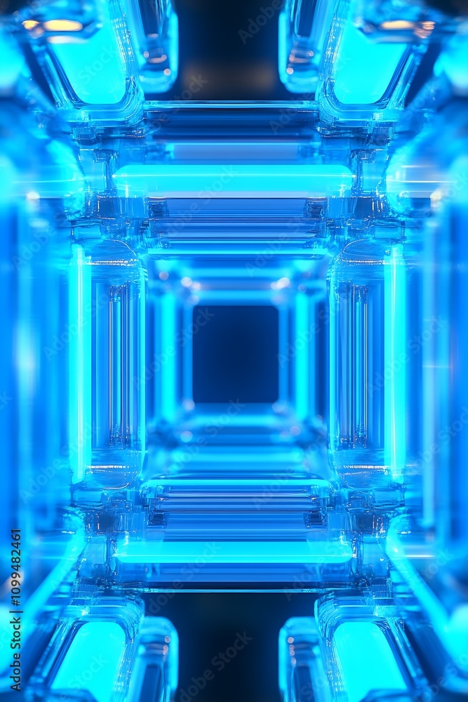 Poster ethereal blue neon light tunnel with glass structures creating a futuristic and abstract digital env