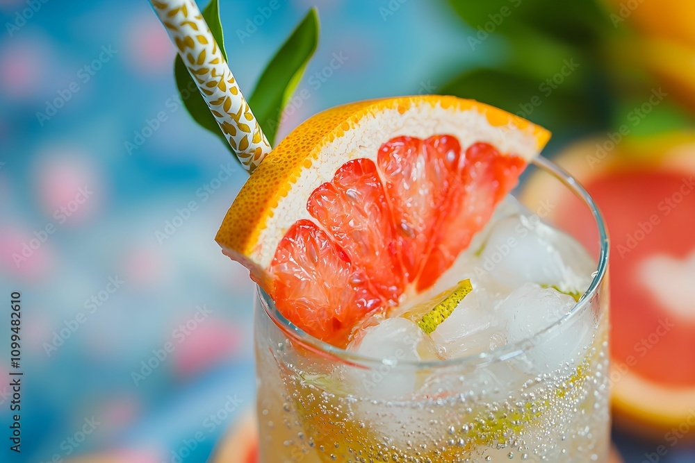 Poster refreshing citrus drink with grapefruit slice and ice