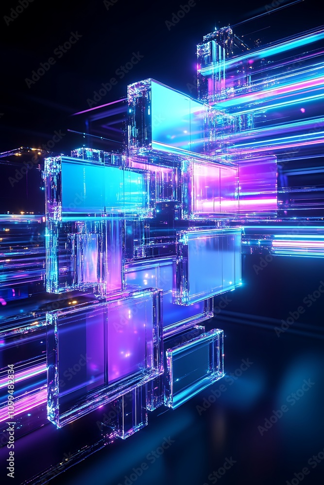 Poster futuristic abstract art with vibrant neon lights and transparent cubes creating a dynamic 3d composi
