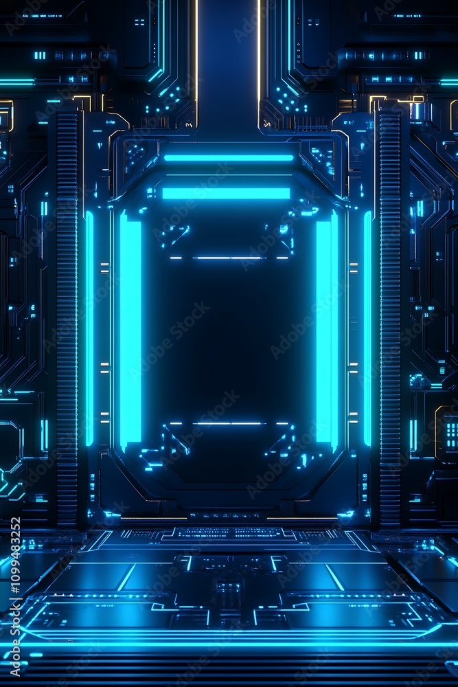 Poster futuristic abstract background with neon blue lights and circuit patterns ideal for technology, sci-