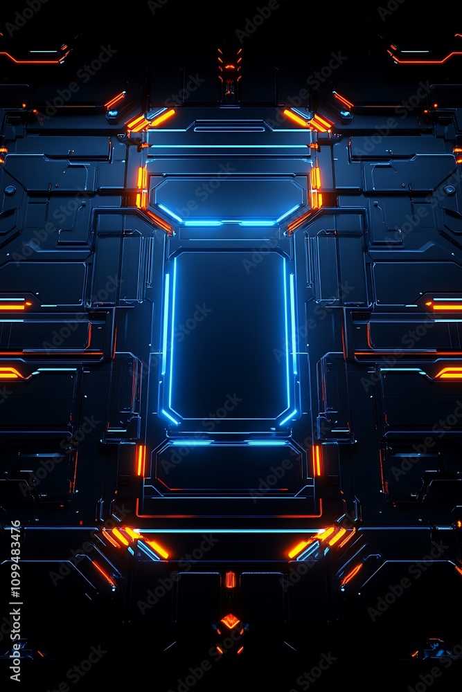 Aufkleber futuristic abstract background with neon lights and geometric shapes in dark color palette for techn