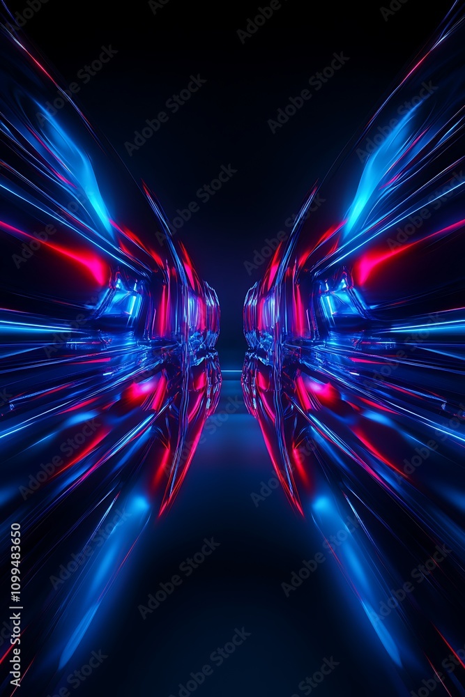 Poster futuristic abstract background with neon lights in red and blue hues, creating a dynamic and energet
