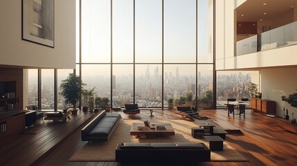 Luxurious penthouse apartment with panoramic city view, showcasing modern minimalist furniture and hardwood floors.