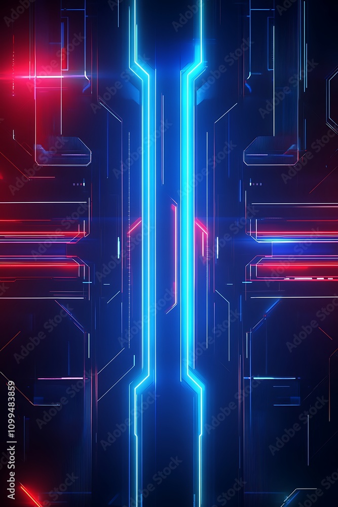 Poster futuristic abstract blue and red neon light background with circuit board patterns and glowing lines