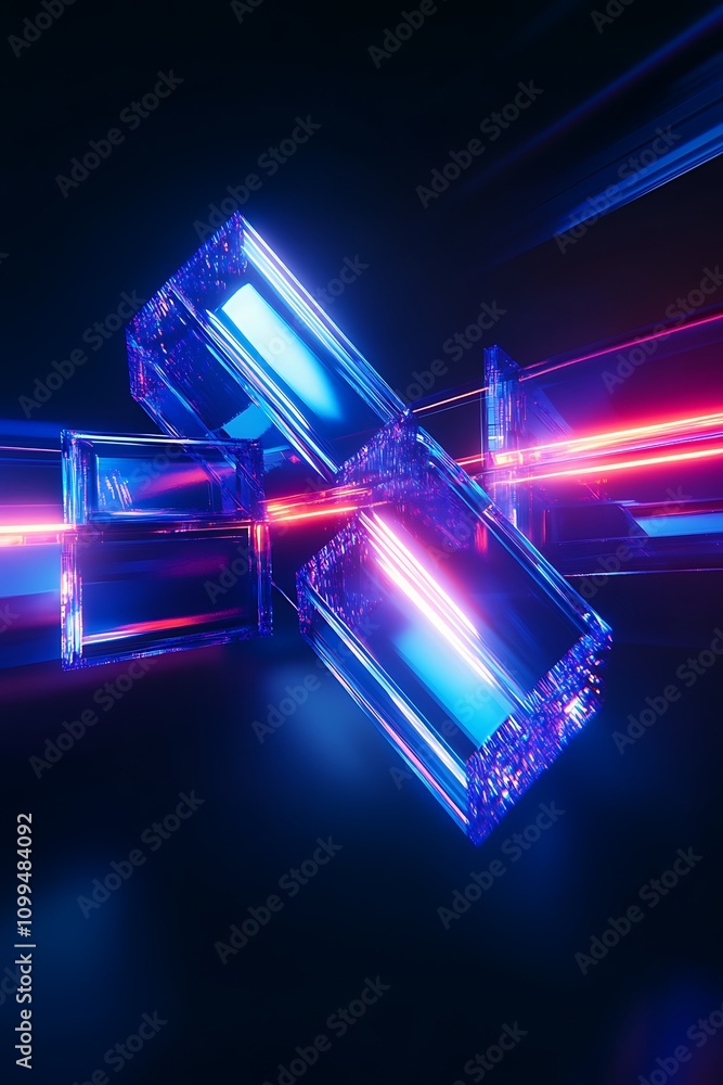 Poster futuristic abstract composition of neon light reflections and glass blocks in a dark environment, il