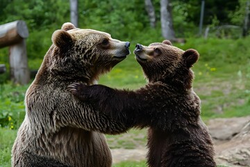 Obraz premium Two bears interact in a forested area during a sunny day