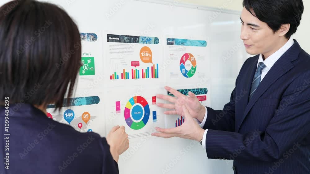 Aufkleber 会議、プレゼンテーション、ミーティング、ビジネス、ビジネスマン、プレゼン、セミナー、ディスカッション、研修、マーケティング、ビジネスパーソン、チームワーク、同僚、説明、商談、データ、グラフ、書類、マネ