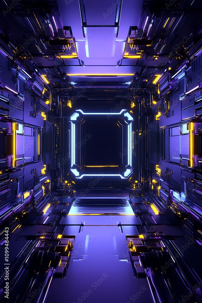 Poster Futuristic Abstract Corridor with Glowing Neon Lights and Reflections in a High-Tech Environment Perfect for Sci-Fi and Cyberpunk Themes