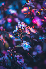 Captivating Close-Up of Magical Flowers with Luminous Petals Glowing in Colorful Light, Evoking a Fantastical and Enchanting Atmosphere of Nature's Beauty