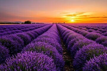 Fototapeta premium Vibrant lavender fields at sunset in a rural landscape