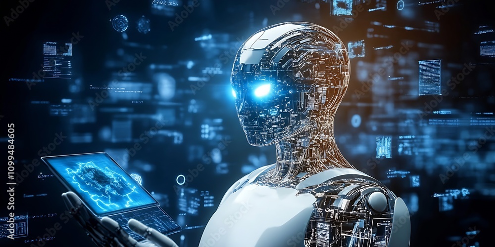 Poster Advanced Cyborg Analyzing Digital Code with Futuristic Interface : Generative AI