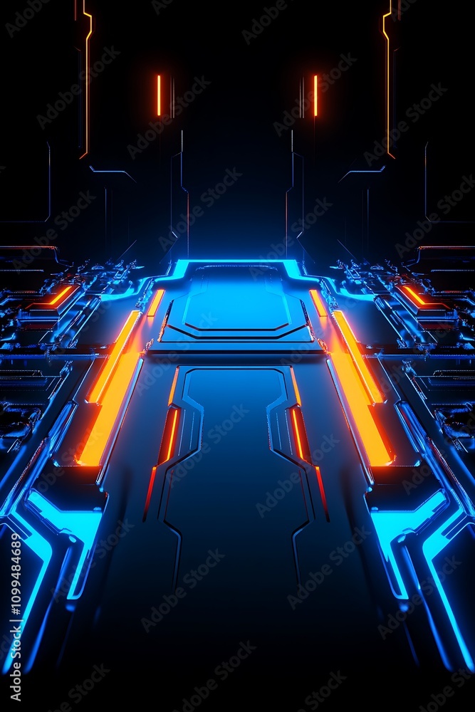 Poster futuristic abstract corridor with neon lights and glowing elements creating a sci-fi atmosphere for 