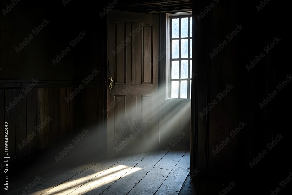 Poster light streams through an open door into a dark room