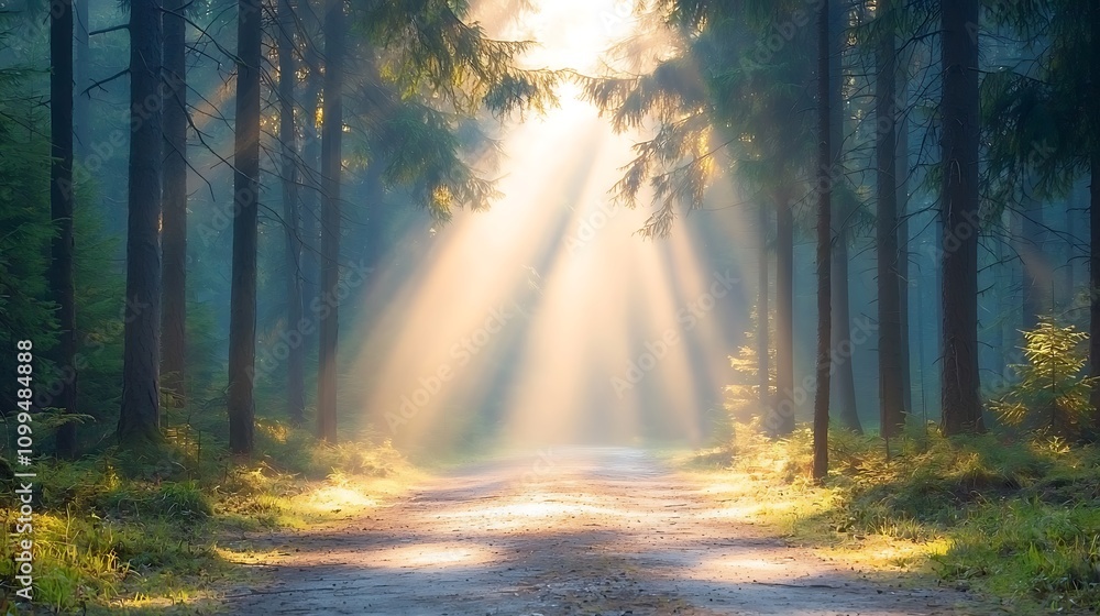 Poster sunlight streaming through trees enchanted forest nature scene serene environment peaceful view tran