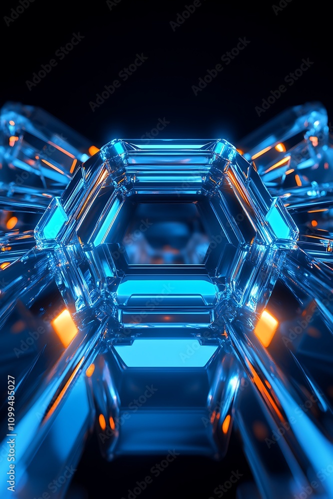 Poster futuristic abstract crystal structure with vibrant blue and orange lights creating a geometric patte