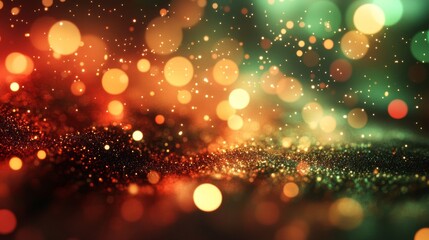 Glittering Festive Background With Red Gold Green Lights