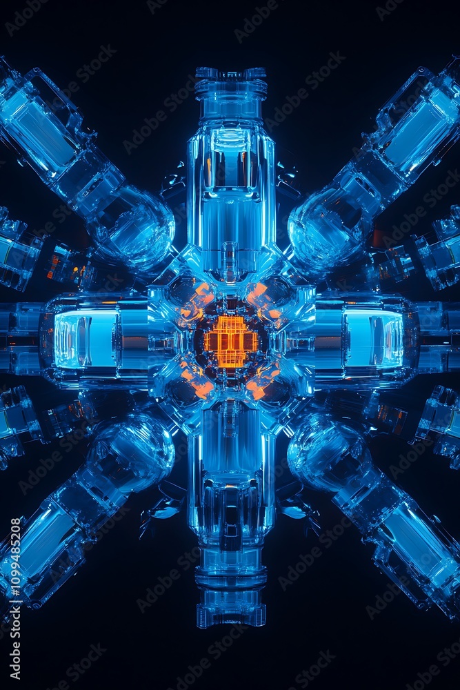 Poster futuristic abstract design featuring radiant blue and orange elements in a symmetrical pattern with 
