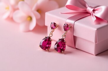 A beautiful pair of earrings gracefully displayed on a pink gift box make a wonderful gift for Valentine's Day, birthdays and Mother's Day.
