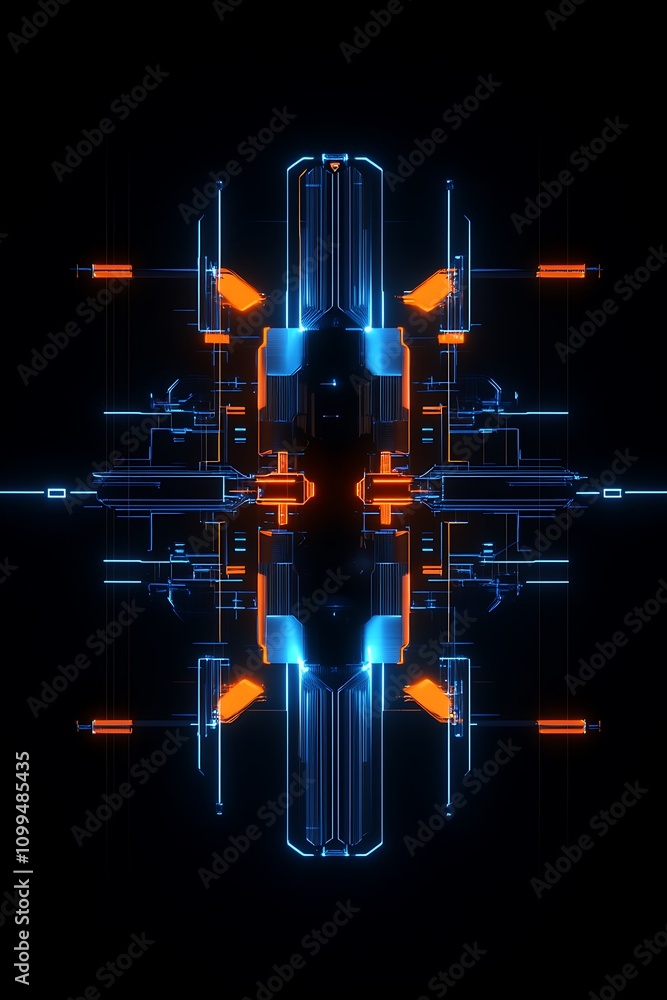 Poster futuristic abstract design with glowing blue and orange lines on a dark background representing tech