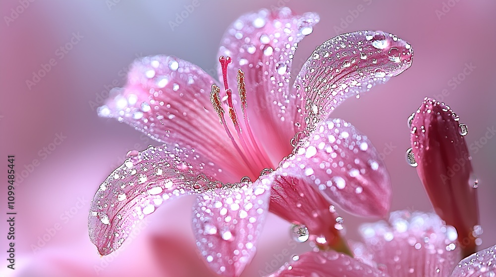 Poster pink lily blossom adorned with dew drops in nature : generative ai