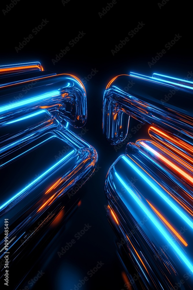 Poster futuristic abstract design with glowing blue and orange neon lines creating a dynamic visual experie
