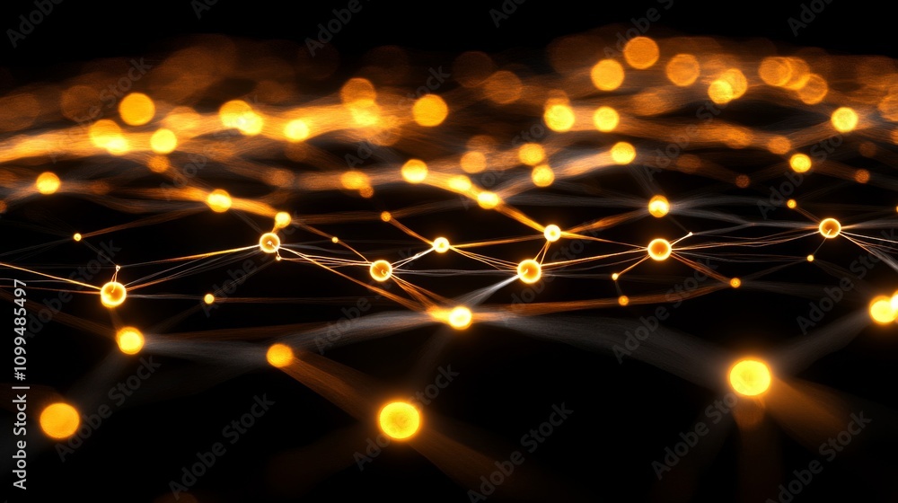 Poster golden network nodes illuminated in dark space