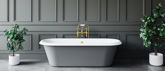 Elegant graytoned bathroom with a freestanding tub and gold fixtures, minimalistic and refined luxury