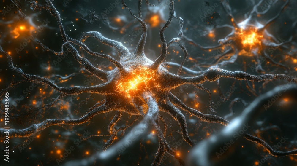 Poster glowing neuron network firing signals across synapses
