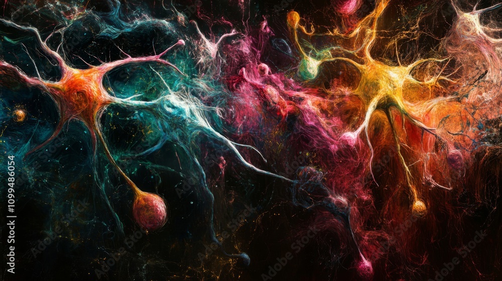 Poster abstract artwork depicting colorful neural networks