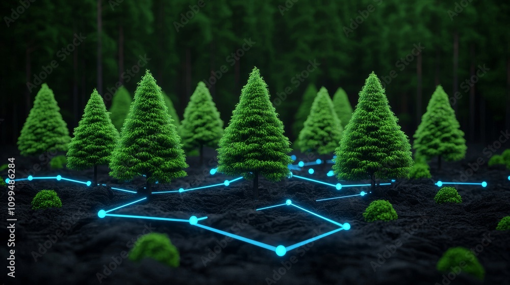 Poster an array of radiant lines and nodes overlaid on a dense forest, hinting at the integration of nature