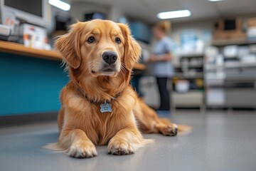 Golden Retriever lying calmly in a veterinary clinic waiting room.