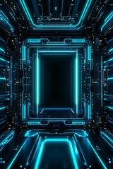 Futuristic Abstract Digital Corridor with Neon Blue Lights and Dark Background, Perfect for Science Fiction, Technology, and Virtual Reality Themes