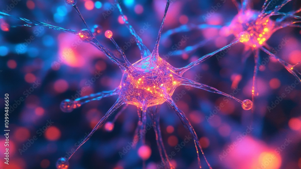 Poster illuminated neuron cell structure microscopic view
