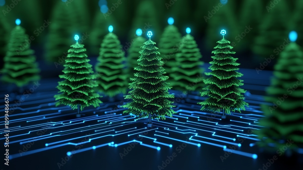 Poster a digital image of a forest, where trees are linked by glowing blue lines, representing the fusion o