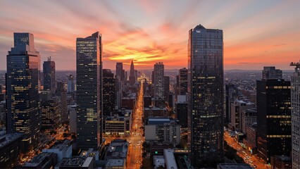 Fototapeta premium Generative AI, Modern Metropolis at Sunset with Reflective Skyscrapers