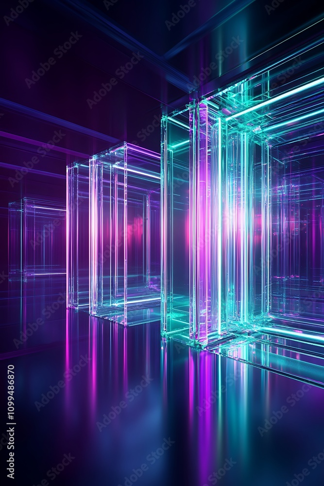 Poster futuristic abstract digital space with glowing glass cubes and neon lights, creating a colorful and 