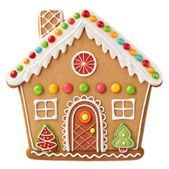 A Beautifully Decorated Gingerbread Christmas House Cookie With Colorful Icing And Red Candy Ornaments On A Transparent Background. Perfect For Holiday-themed Designs And Festive Celebrations