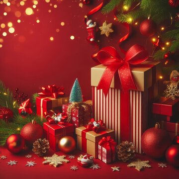 Christmas vertical gifts and ornaments create a festive atmosphere, perfect for holiday celebrations. The vibrant red background enhances the joyful and cheerful mood of the season 
