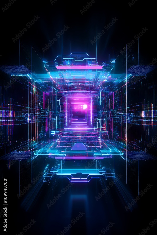 Poster futuristic abstract digital tunnel with neon lights and data flow, representing advancements in tech