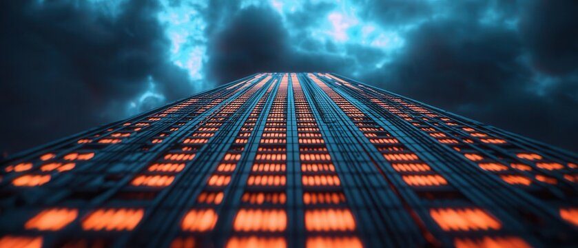 Futuristic skyscraper with holographic projections, dark clouds, and glowing windows, towering in a cyberpunk world
