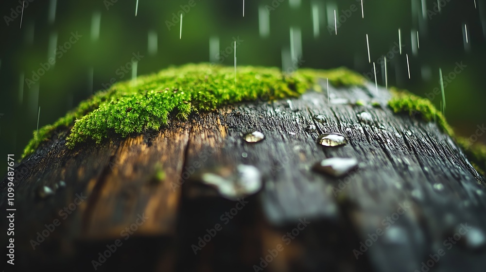 Poster Detailed Macro Shot of Mossy Wet Log with Raindrops in Green Forest : Generative AI