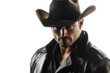 Fototapeta premium Mysterious cowboy in black hat on dark background.