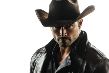Mysterious cowboy in black hat on dark background.