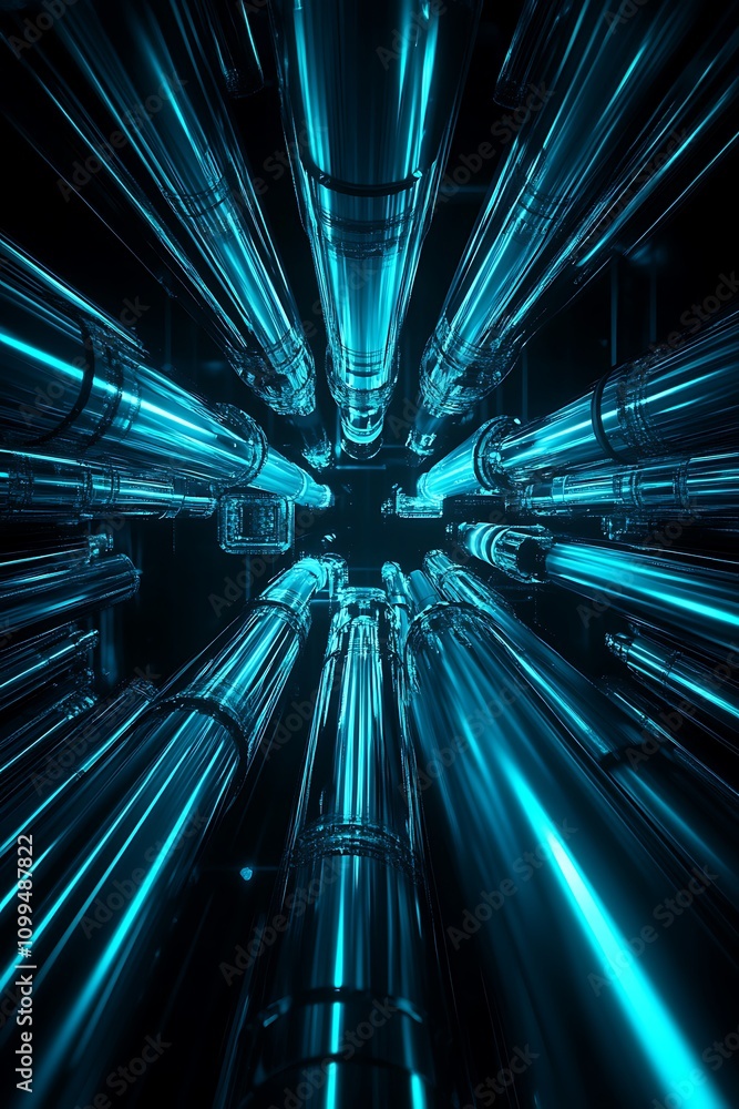 Poster futuristic abstract perspective of bright transparent tubes radiating light in a dark space, creatin