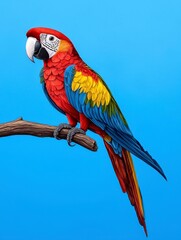 Fototapeta premium A vibrant parrot perched on a branch, showcasing bright red, blue, and yellow feathers against a clear blue background.