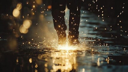 Silhouette of legs sparks flying bright night