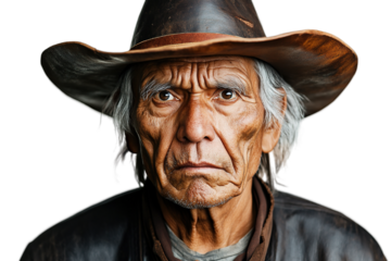 Close-up of an elderly cowboy with a lined face and intense gaze