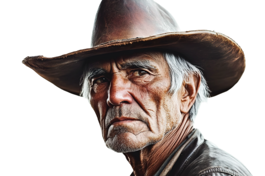 Grizzled man in cowboy hat with stern gaze and rugged features