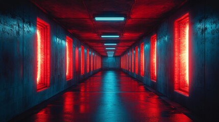 Fototapeta premium Neon Lit Corridor Red And Blue Glowing Windows