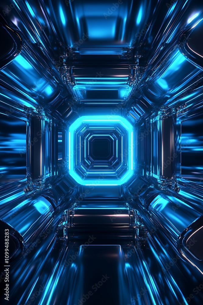 Poster futuristic abstract space with glowing blue neon lights in a geometric tunnel creating a high-tech a